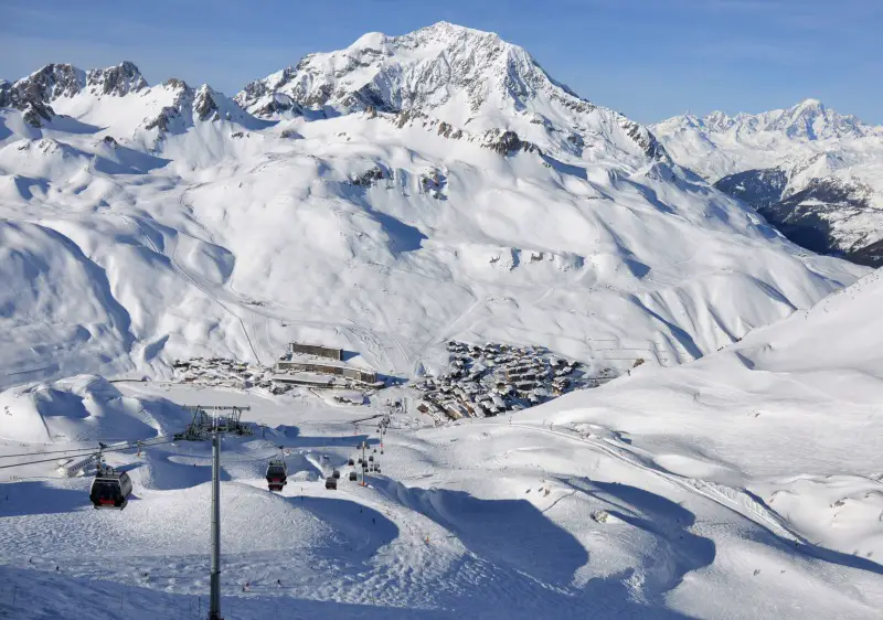 Tignes ski resort overlooking Lac-Lavachet in the Haute Tarentaise valley, France.