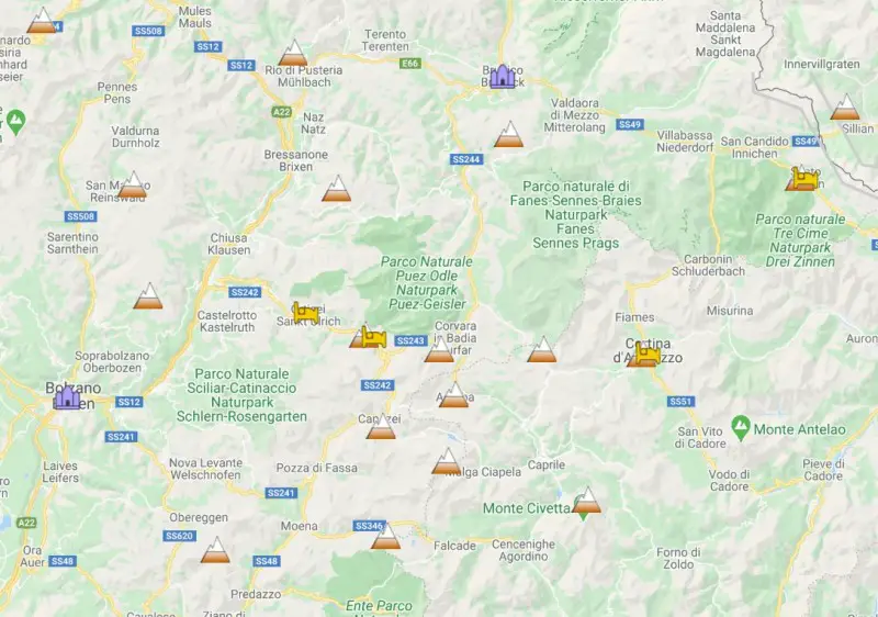 The Dolomites are in north-east Italy near Bolzano