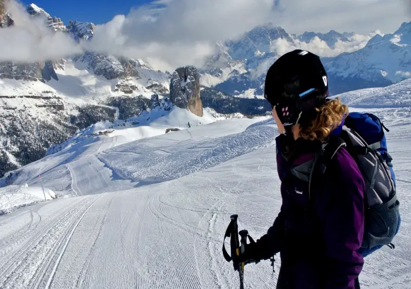 Dolce Panoramica Dolomites Ski Safari at frozen waterfall in Hidden Valley